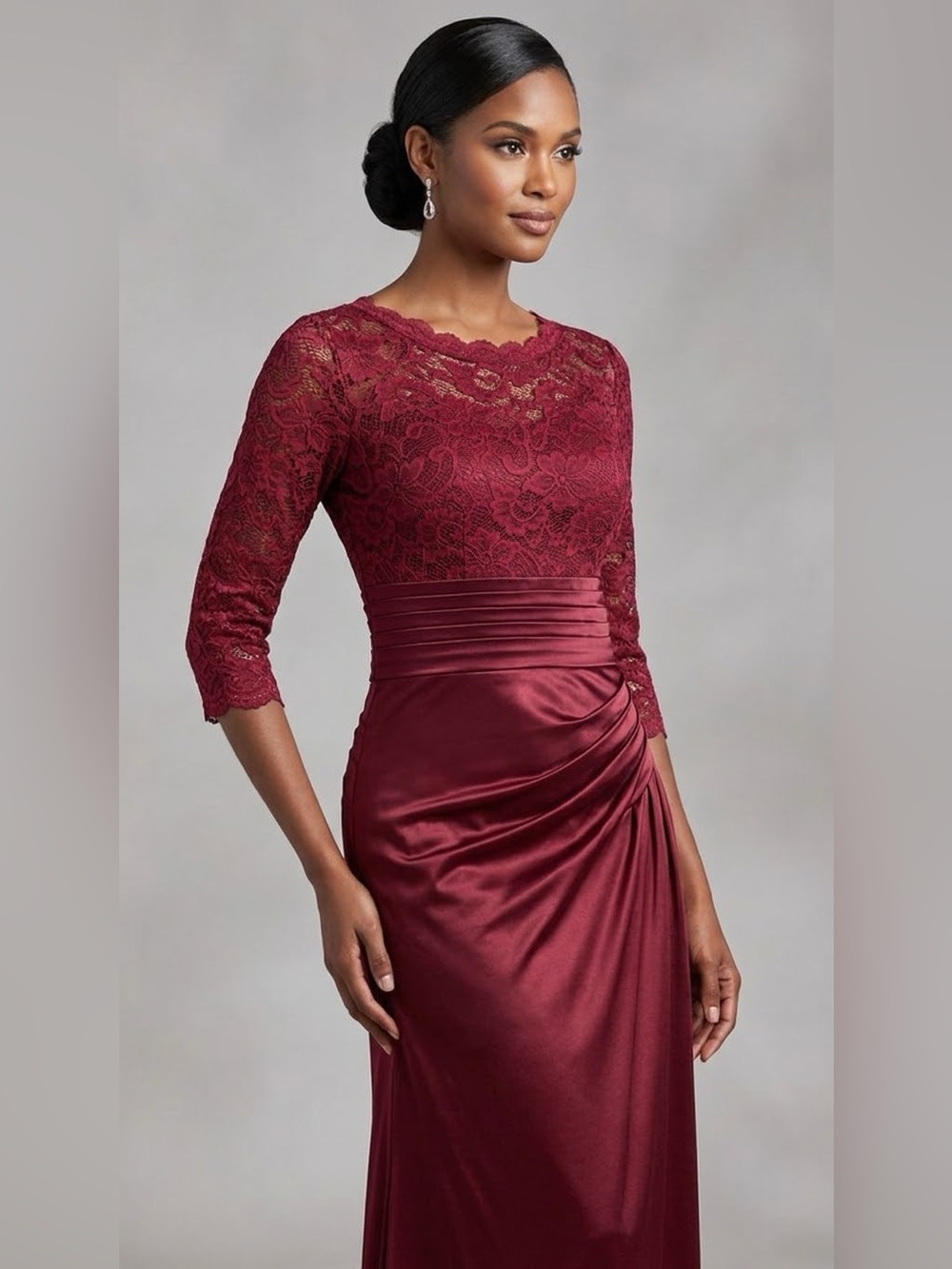Elegant Maroon Burgundy Satin & Lace Gown - 3/4 Sleeve Maxi Dress - Size M